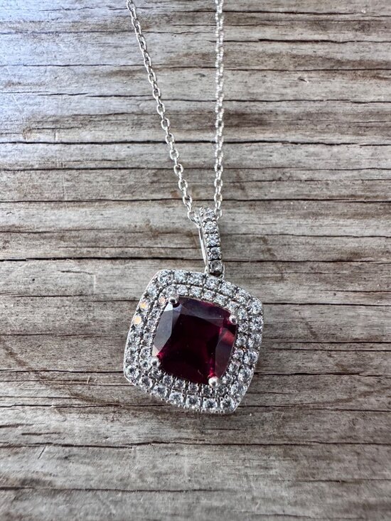 Sterling Jewelry - Sterling Silver 925 Red Gem CZ Pendant Necklace 18” 3.68g Vintage Style
